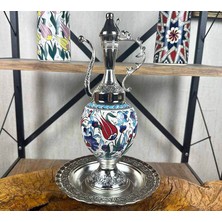 Çini Evi Mavi Karanfil ve Kırmızı Lale Motifli Gümüş Kaplama Iznik Çini Ibrik Seti