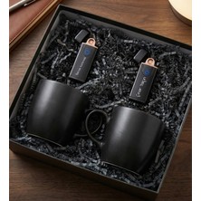vegahediye v vega Kişiye Özel 2'li Siyah USB Çakmak & 2'li Siyah Kupa Hediye Seti