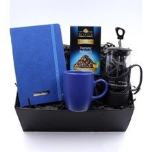 vegahediye v vega Kişiye Özel Mavi Defter & Mavi Kupa & Siyah French Press & Turunç Bahçesi Bitki Çayı Hediye Seti