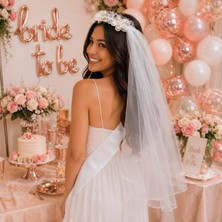 Dodomar Çiçekli Incili Duvaklı Taç Çember Model Bekarlığa Veda Parti Aksesuarı Bride