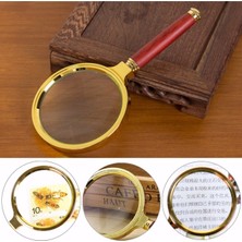 Neler Geldi Neler 9 cm Gold Dekoratif El Tipi Büyüteç 10X Büyütme 90MM Cerçeveli Tutma Saplı Okuma Tamir Büyüteçi 17CM