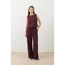 Kylora Bordo Keten Karışımlı Çizgili Kadın Takım