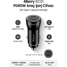 4Berry BC01 PD60W Dual Port Type-C Araç Şarj Cihazı – 60W Max Süper Hızlı Şarj Adaptörü