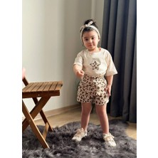 Butik Kız Çocuk Leopar Desenli Şortlu 2'li Alt - Üst Takım