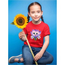 Widi Sevimli Renkli Çiçek Baskılı Regular Fit %100 Pamuk Çocuk Kırmızı T-Shirt
