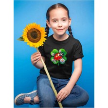 Widi Renkli Uğur Böceği ve Şans 4 Yapraklı Yonca Baskılı Çocuk %100 Pamuk Siyah T-Shirt