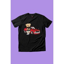 Widi Sevimli Ayıcık Baskılı Arabalı Ayıcık Kız Çocuk Erkek Çocuk %100 Pamuk Siyah T-Shirt