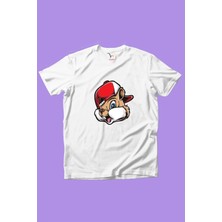 Widi Sevimli Şapkalı Cool Sincap Baskılı %100 Pamuk Erkek Çocuk Kız Çocuk Beyaz T-Shirt