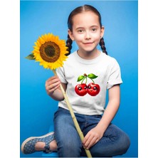 Widi Sevimli Kiraz Baskılı Çocuk %100 Pamuk Beyaz T-Shirt