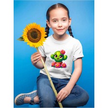 Widi Sevimli Kaktüs Baskılı %100 Pamuk Çocuk Beyaz T-Shirt