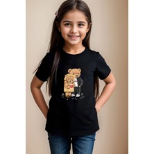 Widi Sevimli Çift Sevgili Ayı Tedy Cool Ayıcık Baskılı %100 Pamuk Erkek Çocuk Kız Çocuk Siyah T-Shirt