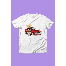 Widi Sevimli Ayıcık Baskılı Arabalı Ayıcık Kız Çocuk Erkek Çocuk %100 Pamuk Beyaz T-Shirt