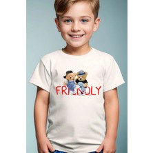 Widi Arkadaş Sevimli Ayıcık Baskılı Friendly Yazılı %100 Pamuk Erkek Çocuk Kız Çocuk Premiu Beyaz T-Shirt