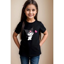 Widi Sevimli Kuromi Baskılı %100 Pamuk Erkek Çocuk Kız Çocuk Yüksek Kaliteli Premium Siyah T-Shirt