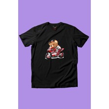 Widi Sevimli Motorlu Ayıcık Tedy Baskılı %100 Pamuk Premium Erkek Çocuk Kız Çocuk Siyah T-Shirt