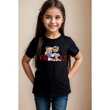 Widi Arkadaş Sevimli Ayıcık Baskılı Friendly Yazılı %100 Pamuk Erkek Çocuk Kız Çocuk Premiu Siyah T-Shirt