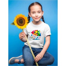 Widi Renkli Şemsiye Baskılı Yağmur Damlaları %100 Pamuk Çocuk Beyaz T-Shirt