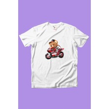 Widi Sevimli Motorlu Ayıcık Tedy Baskılı %100 Pamuk Erkek Çocuk Kız Çocuk Beyaz T-Shirt