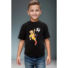 Widi Futbol Topu ve Vole Futbolcu Baskılı Pamuk Premium Erkek Çocuk Kız Çocuk Siyah T-Shirt