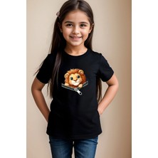 Widi Fermuarlı Sevimli Aslan Baskılı Kız Çocuk Erkek Çocuk %100 Pamuk Siyah T-Shirt