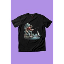 Widi Balıkçı Olta ile Balık Tutmak Deniz ve Kamp Baskılı %100 Pamuk Premium Erkek Çocuk Kız Çocuk T-Shirt