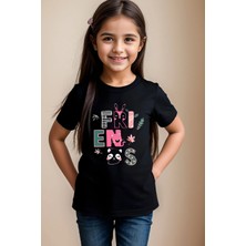 Widi Yazı Baskılı Panda ve Tavşan Detaylı Kız Çocuk Erkek Çocuk Siyah T-Shirt