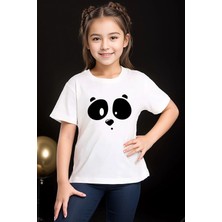 Widi Sevimli Panda Baskılı Minimal Cool Yazlık Pamuk Erkek Çocuk Kız Çocuk Beyaz T-Shirt