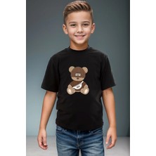Widi Sevimli Ayıcık Baskılı Cool %100 Pamuk Erkek Çocuk Kız Çocuk Yüksek Kaliteli Premium Siyah T-Shirt