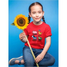 Widi Sevimli Hayvanlar Baskılı Ördek Domuz Köpek ve Kurbağa Regular Fit %100 Pamuk Çocuk Kırmızı T-Shirt
