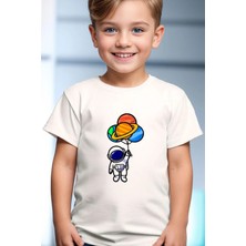 Widi Astronot ve Uzay Baskılı Balon Desenli %100 Pamuk Çocuk Beyaz T-Shirt