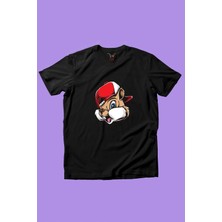 Widi Sevimli Şapkalı Cool Sincap Baskılı %100 Pamuk Erkek Çocuk Kız Çocuk Siyah T-Shirt