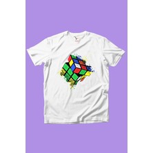 Widi Rubik Küp Baskılı Renkli Cool %100 Pamuk Kız Çocuk Erkek Çocuk Beyaz T-Shirt