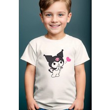 Widi Sevimli Kuromi Baskılı %100 Pamuk Erkek Çocuk Kız Çocuk Yüksek Kaliteli Premium Beyaz T-Shirt