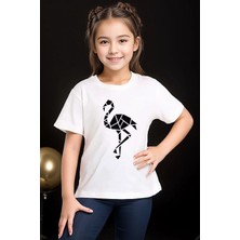Widi Origami Flamingo Baskılı %100 Pamuk Kız Çocuk Erkek Çocuk Beyaz T-Shirt