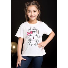 Widi Kedi Baskılı Cute Meow %100 Pamuk Erkek Kız Çocuk Beyaz T-Shirt
