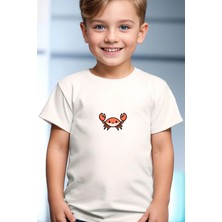 Widi Sevimli Yengeç Baskılı Yaz Desenli %100 Pamuk Çocuk Beyaz T-Shirt
