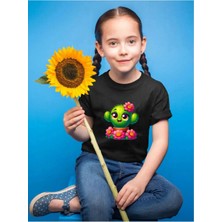 Widi Sevimli Kaktüs Baskılı %100 Pamuk Çocuk Siyah T-Shirt