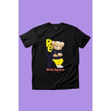 Widi Sevimli Relax Tedy Ayı Baskılı %100 Pamuk Kız Çocuk Erkek Çocuk Siyah T-Shirt