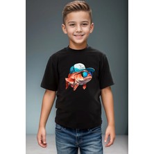 Widi Hunter Avcılık Balık Avcılığı Deniz Baskılı Şapkalı Balık %100 Pamuk Erkek Çocuk Kız Çocuk T-Shirt