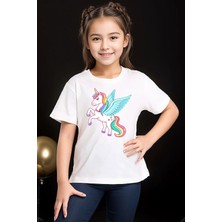 Widi Renkli Unicorn At Baskılı %100 Pamuk Erkek Çocuk Kız Çocuk Beyaz T-Shirt