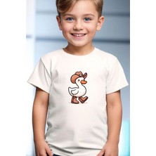 Widi Sevimli Ördek Baskılı Kovboy Ördek Yazlık %100 Pamuk Çocuk Beyaz T-Shirt