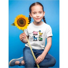 Widi Sevimli Hayvanlar Baskılı Ördek Domuz Köpek ve Kurbağa Regular Fit %100 Pamuk Çocuk Beyaz T-Shirt