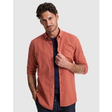 Pierre Cardin Erkek Kiremit %100 Pamuk Keten Görünümlü Slim Fit Uzun Kollu Gömlek 50325355-VR031