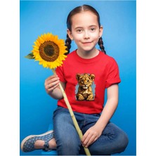 Widi Yavru Aslan Baskılı Regular Fit %100 Pamuk Bisiklet Yaka Çocuk Kırmızı T-Shirt