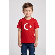 Widi Türk Bayraklı Ay Yıldız Baskılı Kırmızı Çocuk Tişört - 23 Nisan & 29 Ekim Gösteri T-Shirtü