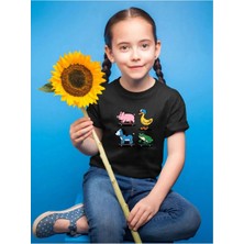 Widi Sevimli Hayvanlar Baskılı Ördek Domuz Köpek ve Kurbağa Regular Fit %100 Pamuk Çocuk Siyah T-Shirt