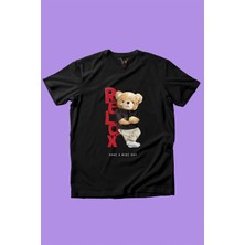 Widi Relax Ayı Tedy Sevimli Cool Ayıcık Baskılı %100 Pamuk Erkek Çocuk Kız Çocuk Siyah T-Shirt