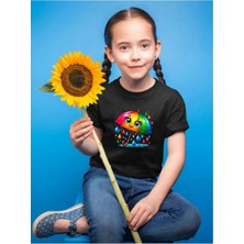 Widi Renkli Şemsiye Baskılı Yağmur Damlaları %100 Pamuk Çocuk Siyah T-Shirt