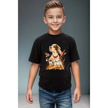Widi Desenli Av Köpeği Ingiliz Pointer Setter Sülün %100 Pamuk Kız Erkek Çocuk Siyah T-Shirt