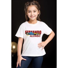 Widi Formula F1 Fernando Baskılı %100 Pamuk Erkek Çocuk Kız Çocuk Yüksek Kaliteli Premium Beyaz T-Shirt